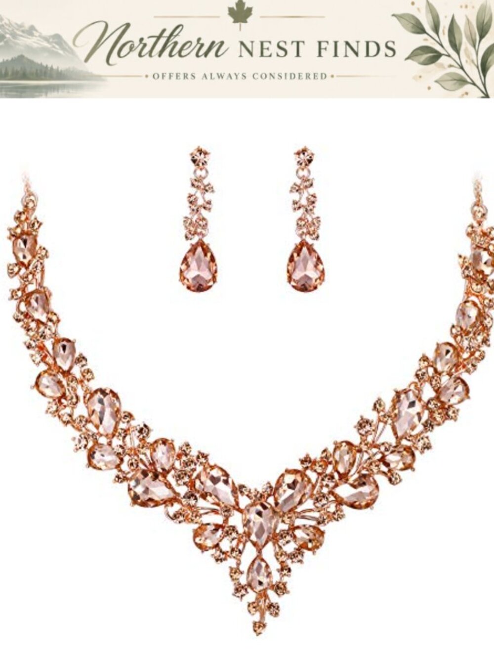 Crystal Teardrop Cluster Statement Necklace Dangle Earrings Set
